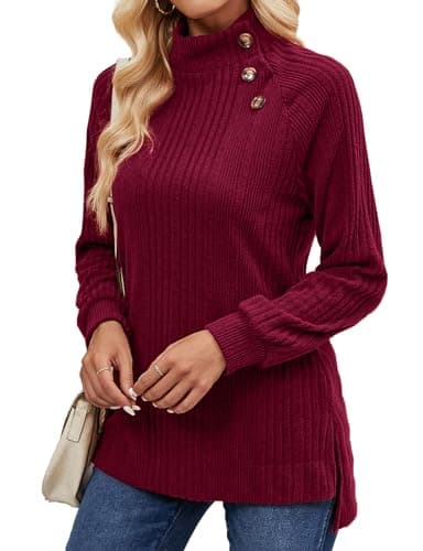 LURANEE Turtle Neck Sweaters for Woman,Long Sleeve Tunic Tops Turtle Neck Sweater Light High Low Side Split Sweatshirt Red M
