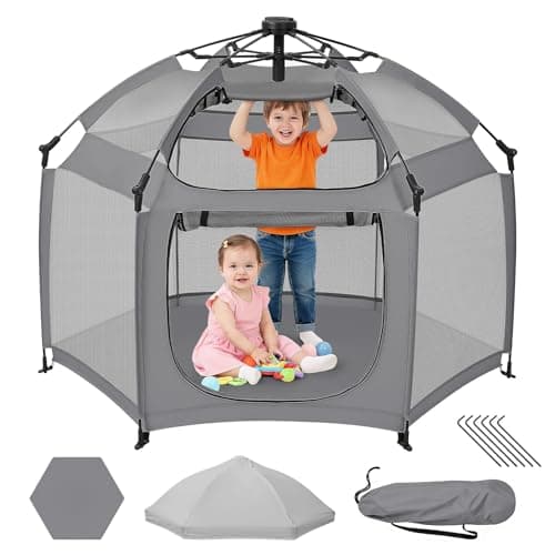 Dripex Baby Playpen, Portable Pop Up Playpen with Canopy, Beach Tent Grey