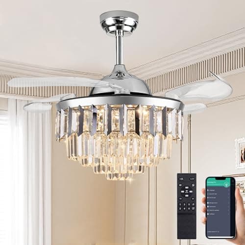 Trssdre 36" Retractable Fandelier Ceiling Fan with Lights Remote, Crystal Chandelier Fan, Dimmable Fandeliers Ceiling Fan for Bedroom Living Room Indoor