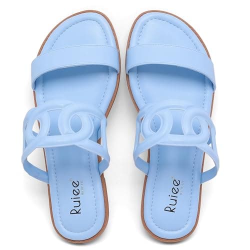 Ruiee Wide Width Sandals for Women, Summer Wide Feet Flat Slides Fashion Casual Comfort Strap Slip on Open Toe Breathable Beach Shoes. 258007 Blue Size10.5