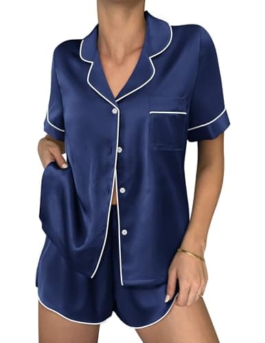 Ekouaer Women Satin Pajama Sets Cute Print Silk Pjs Navy Blue L