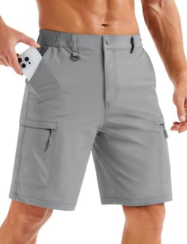 MAGCOMSEN Cargo Shorts for Men Quick Dry Lightweight 10" Golf Shorts Elastic Waist Hiking Summer Travel Light Grey, 30