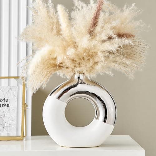 FJS White and Silver Decorative Vase, Round Centerpiece for Table Decor