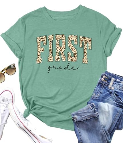 Teach Shirts Women First Grade Teacher Tshirt Funny Teaching Gift Short Sleeve Tee Leopard Print Letter Blouse Tops