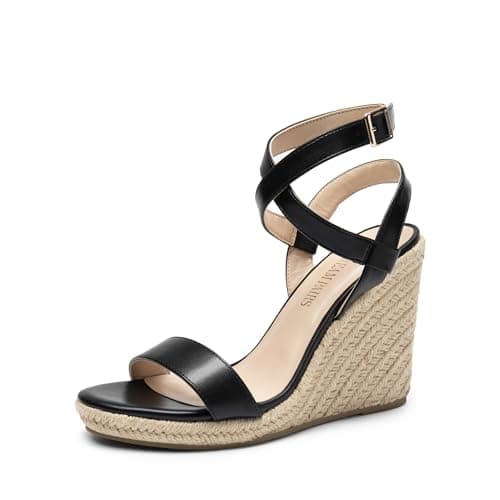 DREAM PAIRS Womens Open Toe Espadrilles Dressy Platform Sandals Buckle Ankle Strap Stylish Wedges Summer Dressy Sandals,Size 5,Black-Pu,SDPW2211W