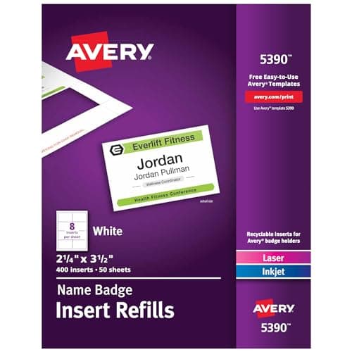 Avery Name Badge Inserts, 2.25" x 3.5", 400 White Inserts