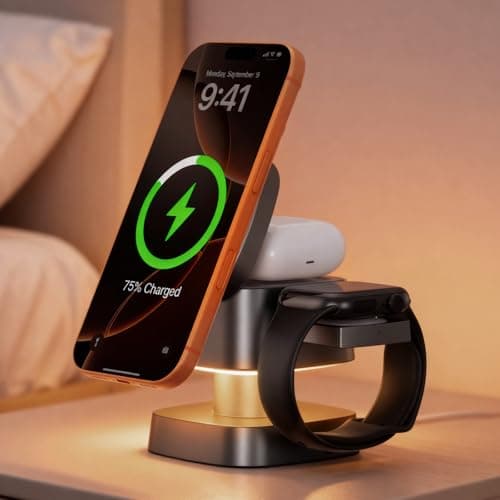 AIYUNDI 4 in 1 Wireless Charging Station for Apple Devices with Night Light, Mag-Safe Charger Stand, 15W Fast Charging for iPhone 17/16/15/14/13/12 Series, iWatch & AirPods(with USB-C Cable)
