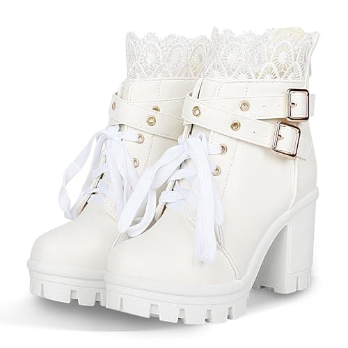 BEAUPAS Women's Lace Up Chunky Ankle Boots Platform Gothic, White, 6