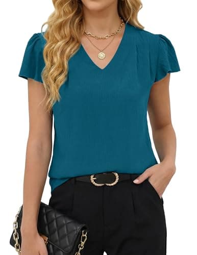 Gleeneat Womens Business Casual Work Blouses Summer Dressy Casual Dress Ruffle Short Sleeve Shirts Flowy V Neck Cute Office Tops 2026 Trendy Outfits Blusas Casuales de Mujer Bonitas Teal