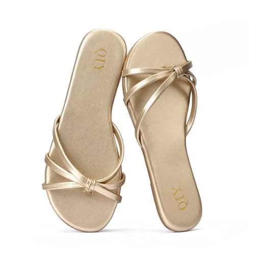 QIY Women's Minimalist Knot Flip Flops Gold Sandals Faux Leather Thong Flat Slide Sandals for Summer Beach Casual Wear Size 6