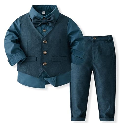 Kimocat Boys’ Plaid Button Down Polyester Casual Dress Shirt Slim Fit +Vest+Pant Outfits