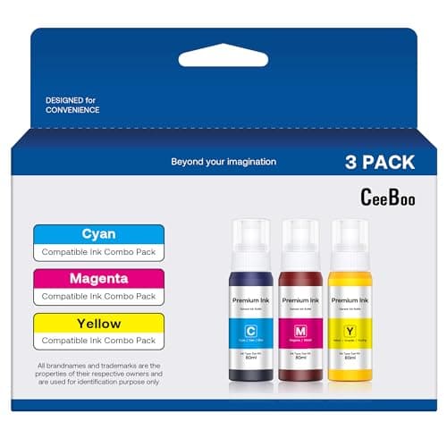 CEEBOO Compatible Ink Bottle Replacement for Epson 522 (Not Sublimation Ink) - 1 Cyan, 1 Magenta, 1 Yellow, 80 mL Each, 3 Bottles