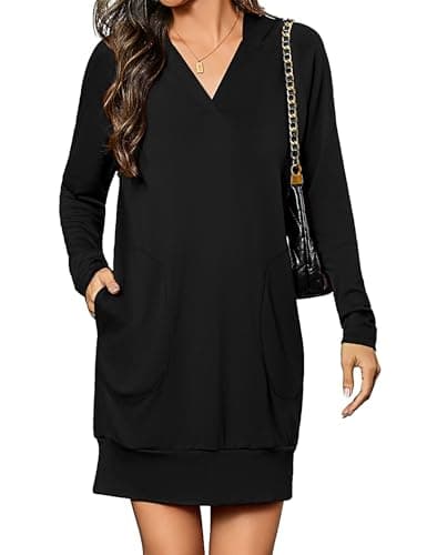 Totatuit Plus Size Sweatshirt Dress for Girls Long Sleeve V-Neck Plain Hoodis Dress with Pockets Casual Fall Outfits Halloween Black S