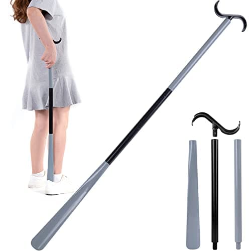 35" Long Dressing Stick with Shoe Horn with Sock Removal Tool, Adjustable Extended Dressing Aids for Shoes, Socks, Shirts and Pants Grey and Black