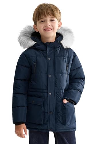 maoo garden Boys Puffer Winter Coat Big Kids Heavyweight Sherpa Lined Fur Hooded Outdoor Jacket Water-Resistant Medium Style Snow Parka Navy 10Y