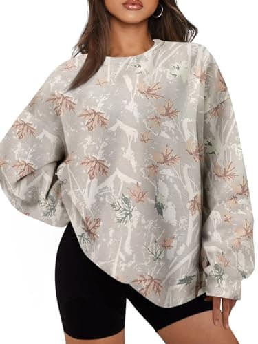 JEIBKOUY Womens Camo Sweatshirt Oversized Graphic Maple Leaf Print Crewneck Long Sleeve Y2k Trendy Fall Pullover Hoodies
