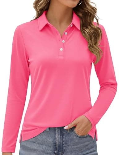 MAGCOMSEN Women's Golf Polo Shirts Long Sleeve Shirts UPF 50+ Athletic Top with Buttons Moisture Wicking Rose Red,S