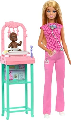 Barbie Baby Doctor Playset with Blonde Fashion Doll Wearing Pink Scrubs, Baby Doll, Furniture & Accessories