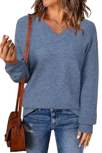 Arach&Cloz Sweaters for Women Wool Blend 2027 Fall Winter Fashion Clothes Pullover Tops Trendy Clothing V Neck Long Sleeve Dressy Business Casual Blouses Knit Outfits Denim Blue L