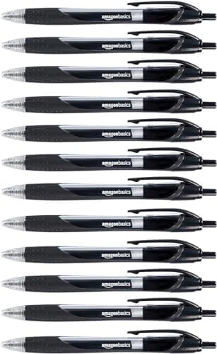 Amazon Basics Retractable Gel Ink Pens for Note-Taking and Office Writing, Fine Point 0.7mm, Smooth Writing, Black, 12-Pack