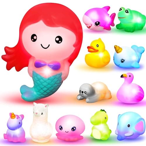 JOYIN 12 PCS Light Up Bath Toys, Toddler Flashing Colourful LED Bathtub Mermaid Toy, Baby Bathtime Floating Rubber Shower Gifts for Infant Kids Girls Valentines Easter Basket Stuffers Pool Party Favor