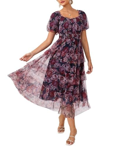 GRACE KARIN Women's 2026 Summer Floral Midi Dress Short Sleeve Square Neck Smocked Tulle Dresses Flowy Wedding Guest Dresses Navy Blue Pink S