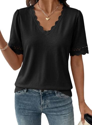 Dokotoo Short Sleeve Shirts for Women Solid Comfy Top Resort Wear Black XXL