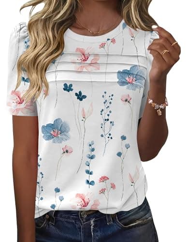 Ivicoer Ladies Summer Tops for Women Puff Short Sleeve Crewneck Shirt Pleated Floral Print Blouse (White Blue Floral, M)