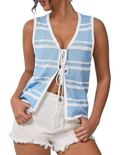 IEEILULU Women Sleeveless Knit Vest Striped V Neck Tie Front Sweater Vests Y2k Crochet Tank Tops for Going Out Beach Vacation (Blue White Stripe, S)