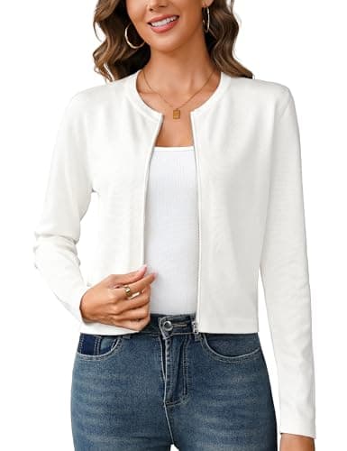 Totatuit Women's Shrugs Long Sleeve Lightweight Cropped Tops Open Front Cardigan for Dress White