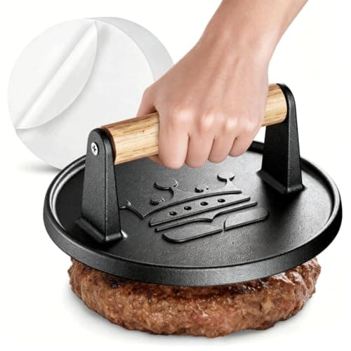 Basinel Smash Burger Press 6.5”, Includes 20 Pcs of Baking Paper, Cast Iron Flat Round Edge Grill/Bacon/Meat/Hamburger/Chef Press with Wood Handle, Hamburger Press Patty Maker for Griddle Accessories