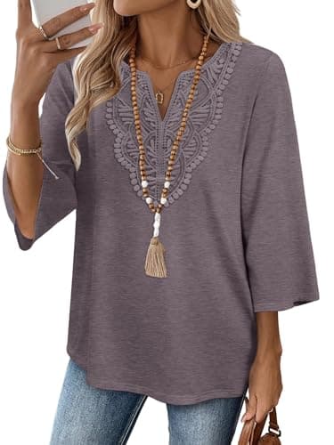 WIHOLL 3/4 Length Sleeve Womens Tops for Women Trendy Plus Size Womens Clothing V Neck T Shirts for Women Blouses Spring Top for Women 2026 Beach Vacation Clothes Lace Cute Tops Purple 2XL