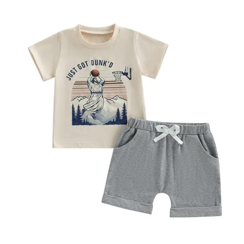 Fernvia Toddler Baby Boy Summer Clothes Funny Basketball Retro Short Sleeve Shirt T-Shirt Tops + Shorts Outfit Set (A Beige, 18-24 Months)