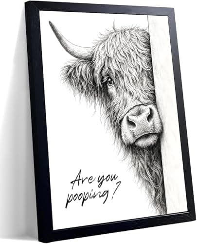Funny Highland Cow Bathroom Wall Art Humorous Are You Pooping Wall Decor Rustic Farmhouse Cute Animal Canvas Print Pictures for Restroom 8x10 Inch Black Framed