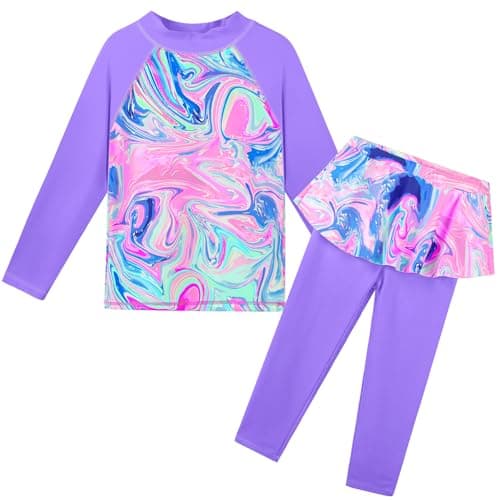 TFJH E 2PCS Long Sleeve Girls Rash Guard Sets UPF 50+ Kids Swimsuits Beachwear Ruffle Skirt Purple Agate 12A