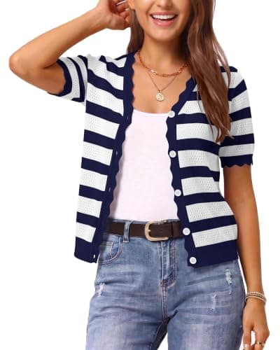 Women's Navy White Striped Short Sleeve Knit Cardigan Scalloped Trim Top