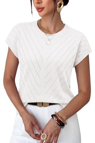 WIHOLL Womens Tops Short Sleeve Sweater for Women Business Casual Outfits Spring Tops Trendy 2026 Summer Outfits Work Fashion Clothing Dressy Casual T Shirts White M