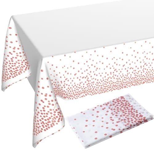 DUOCUTE 108"x54" 2 Packs Rose Gold White Tablecloth for Parties Rectangle Table, Dot Confetti Rectangular Plastic Table Cover, Thanksgiving Christmas, Wedding, Anniversary, Baby Shower, Birthday