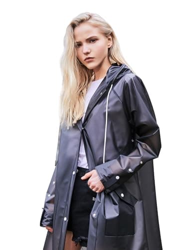 L-Rain TPU Clear Rain Coat for Women - Waterproof Packable Fashion Rain Poncho with Hood Reusable Raincoat-Black-M, Medium