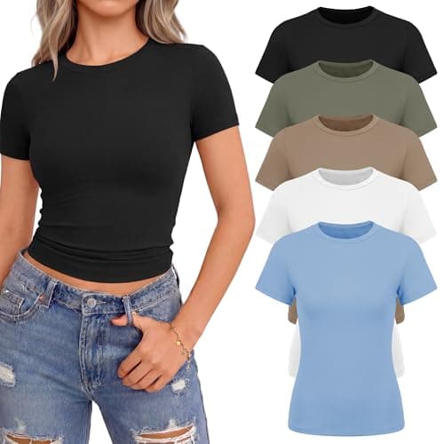 NexiEpoch 5 Pack T Shirts for Women - Crew Neck Short Sleeve Crop Tops Plain Casual Basic Tees Fitted Clothes Cute Y2K Outfit