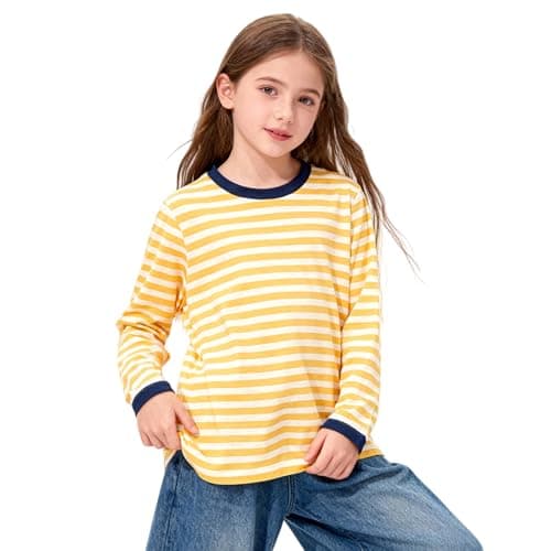 MIANZHI Girls Striped Long Sleeve Shirts Drop Shoulder Casual Fashionable Crewneck Blouse Tee Tops Yellow