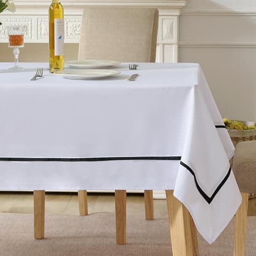 EHouseHome Heavy Duty Fabric Tablecloth with Black Border-Waterproof/Wrinkle Free/Stain Resistant/Oil Proof-for Dining,Indoor&Outdoor,Wedding,Holiday,Rectangle 60x144Inch,White