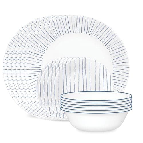 Corelle 18-Piece Dinnerware Set Service for 6, Lightweight Round Plates and Bowls Set, Vitrelle Triple Layer Glass, Chip Resistant, Microwave and Dishwasher Safe, Nautical Stripes