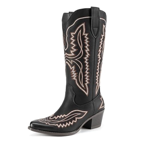 Athlefit Women's Square Toe Cowboy Cowgirl Boots Low Chunky Heel Embroidery Western Mid Calf Boots for Country Concerts, Black, Size 11, AD00754