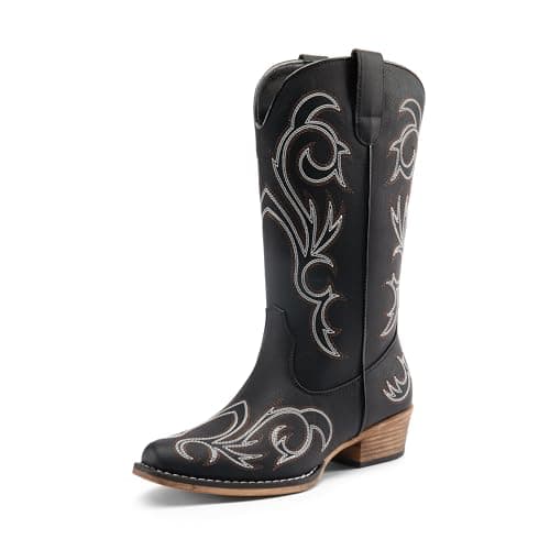 DREAM PAIRS Women's Cowboy Boots Mid Calf Cowgirl Boots Square Toe Chunky Heel Embroidery Stitched Western Boots,Size 6.5,Black,SDMB2403W