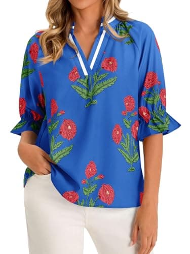 Cicy Bell Womens Summer Floral Blouses Puff Ruffle Sleeve V Neck Boho Shirts Dressy Casual Flowy Blouse Tops Baby Blue