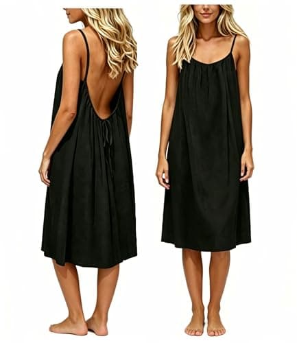 JHTK Backless Cami Dress for Women Backless Dress Lounge Dress House driftline Summer Flowy Sundress Open Back Beach Dress (US, Alpha, Large, Regular, Regular, Black)