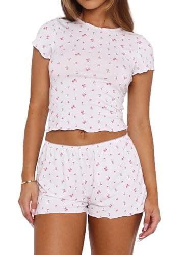 Lacozy 2 Piece Womens Pajama Sets Summer Short Sleeve Floral Graphic Pjs Cute Crop and Shorts Y2K Nightwear Loungewear XL