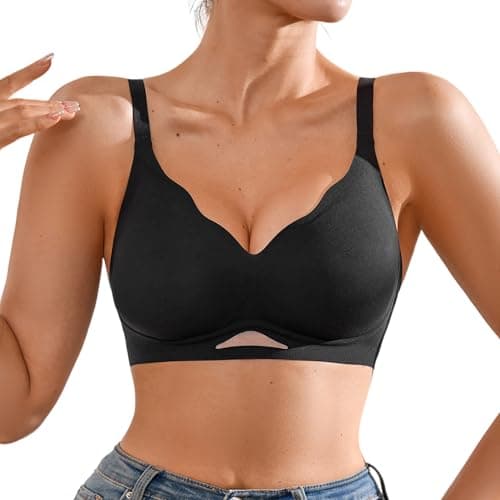 DEANGELMON Scalloped V Neck Wireless Bras for Women Seamless No Underwire Full Coverage Push Up Bras Soft Comfort Bralettes(Black,M)