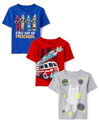 The Children's Place,Baby Boys,and Toddler School Days Short Sleeve Graphic T-Shirts,Multipacks,Firetruck/Preschool/Spaceship 3-Pack,18 Months,24 Months